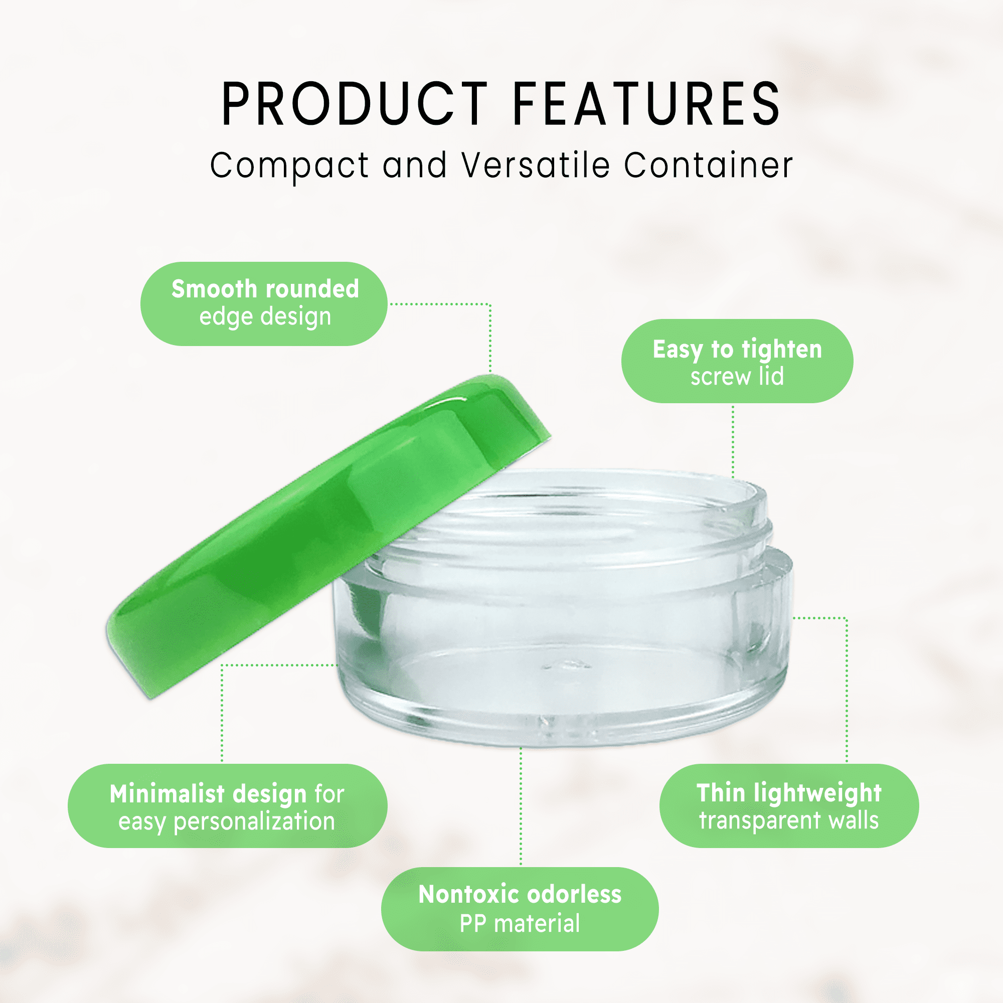5g/5ml High Quality Acrylic Leak Proof Clear Container Jars with Green Lids (150 Jars)