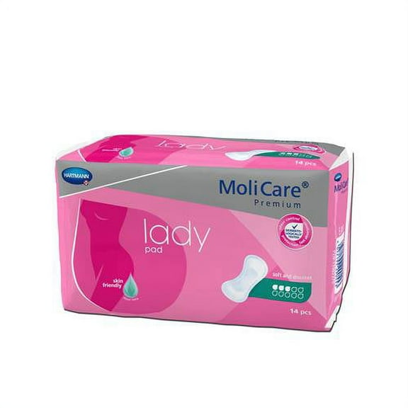 MoliCare Premium Lady Pads, Disposable, Polymer Core, Moderate Absorbency, One Size Fits Most (13 Inch Length), 14 Count