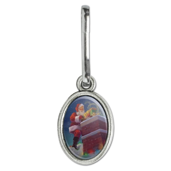 Christmas Holiday Santa Going Down the Chimney Antiqued Oval Charm Clothes Purse Suitcase Backpack Zipper Pull Aid