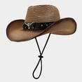 thumbnail image 2 of OOOUM Two-Tone Woven Straw Cowboy Hat For Men Women Black Leather Band Cowgirl Hat Party Fashion Boho Western Hats One Size, 2 of 3