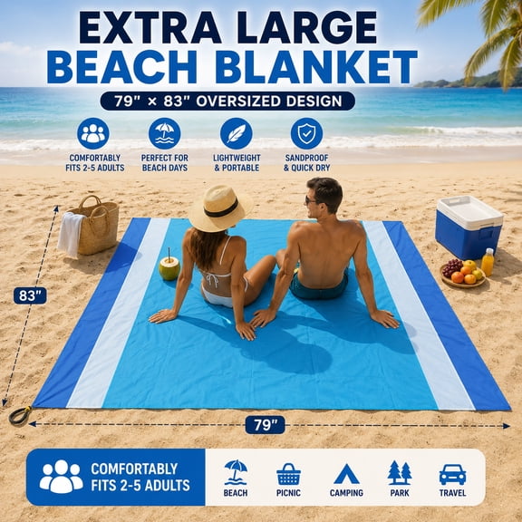 D.SLOATE Extra Large Beach Blanket 79" x 83", Sandproof Quick Dry Beach Mat, Lightweight Water-Resistant  Picnic Blanket with Stakes, Storage Bag & Carabiner for Beach Camping Travel Park