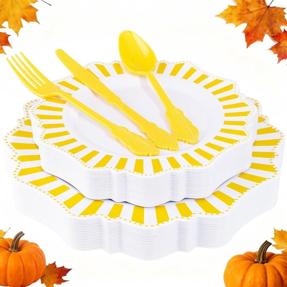 Disposable White Lemon Yellow Striped Plastic Party Plates and Silverware Set, Dinner and Dessert Plates for Party and Daily Use.