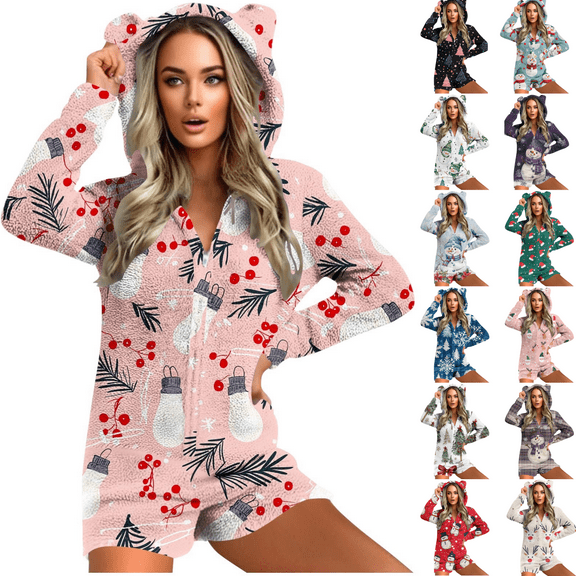 yoeyez Adult Onesie Pjs for Women Cute Christmas Fleece Pajamas Short Jumpsuit Long Sleeve Hooded Sherpa Romper Sexy Santa Print Bodysuit