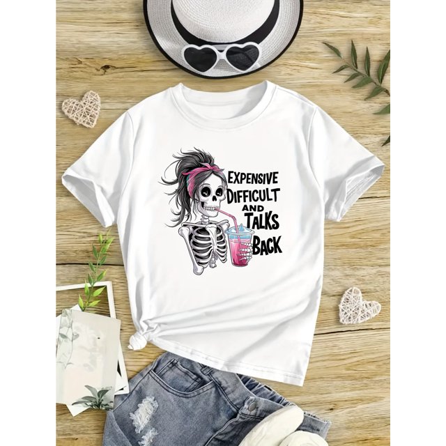 Chic 'Expensive, Difficult & Talks Back' Graphic Tee for Girls - 100% Cotton, Crew Neck, Short Sleeve, Breathable & Comfortable - Perfect Casual Top for Spring/Summer/Fall - Ideal Gift