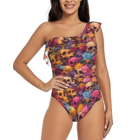 Salouo Skull blue daisy flower Pattern One Shoulder Ruffled One Piece Swimsuit for Women V Neck Swimwear Tummy Control Bathing Suit-XX-Large