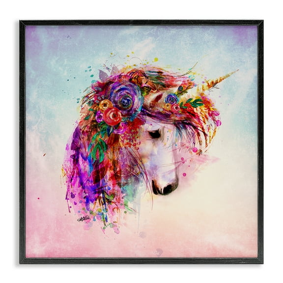 Stupell Industries Abstract Unicorn with Florals Fantasy & Sci-Fi Painting Black Framed Art Print Wall Art, 12 x 12