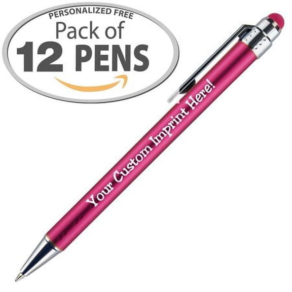 Personalized Pens with Stylus Tip -Bright Vibes- Click action - Custom - Black writing - Printed Name pens - Imprinted with Your Logo or Message - FREE PERSONALIZATION - 12 Pens/Box (Pink)