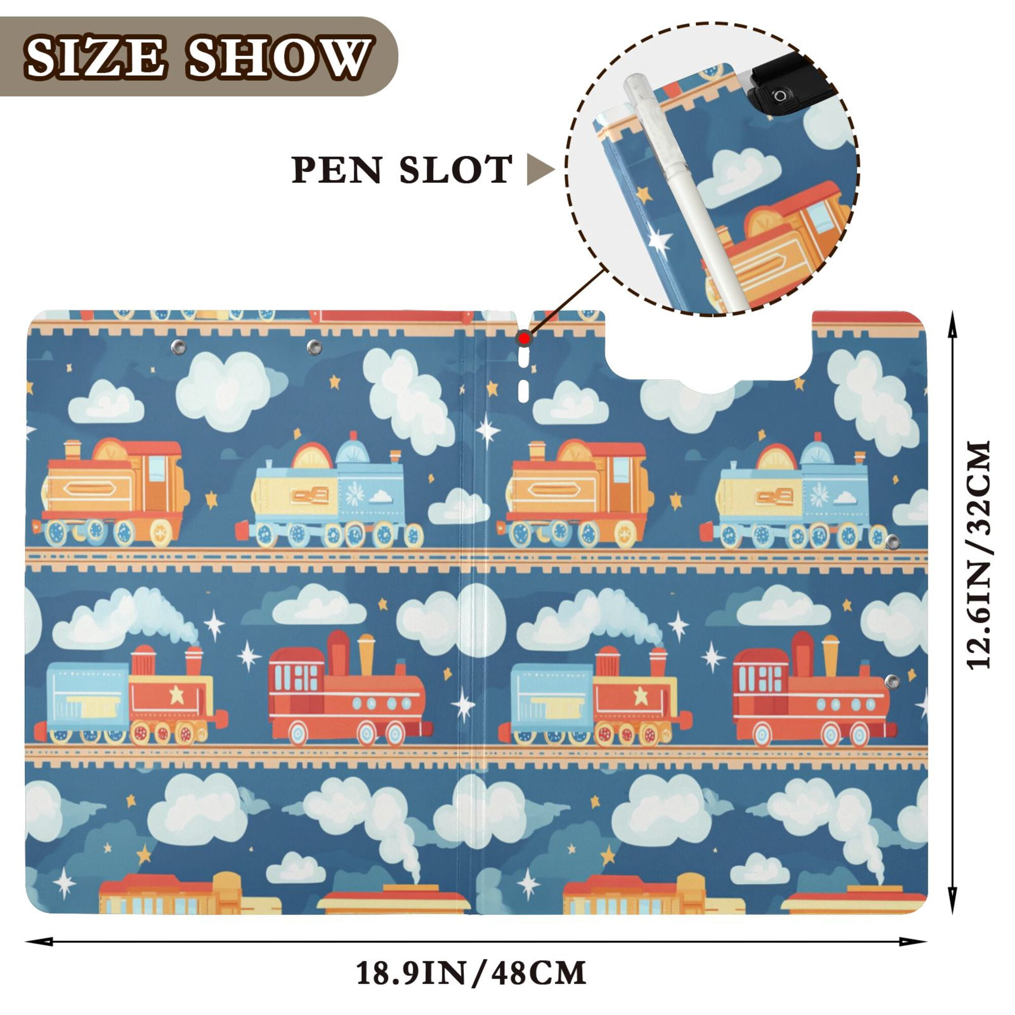 FORMRS A4 Clipboard Folder with Pen Holder Horizontal Foldable School Office Binder, Blue Cute Train Pattern