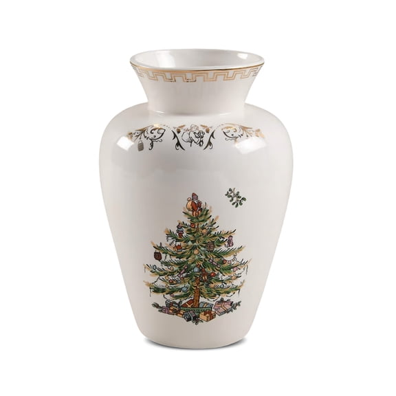 Spode Christmas Tree Gold Vase, Round Bouquet Shape with 22 Karat Gold Accents - 8" H x 5.5" L Porcelain Holiday Floral Holder for Centerpieces & Seasonal Table Décor - Elegant Housewarming Gift