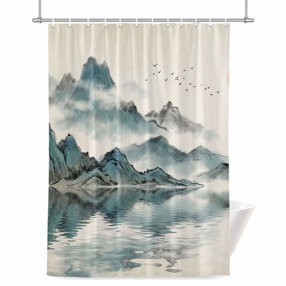 Oriental Shower Curtain, Traditional Ethnic Art Chinese Landscape Ink Painting Waterproof Shower Curtain Set with 12 Hooks Lightweight Bath Curtains Fabric Bathroom Decor 48x72 Inches