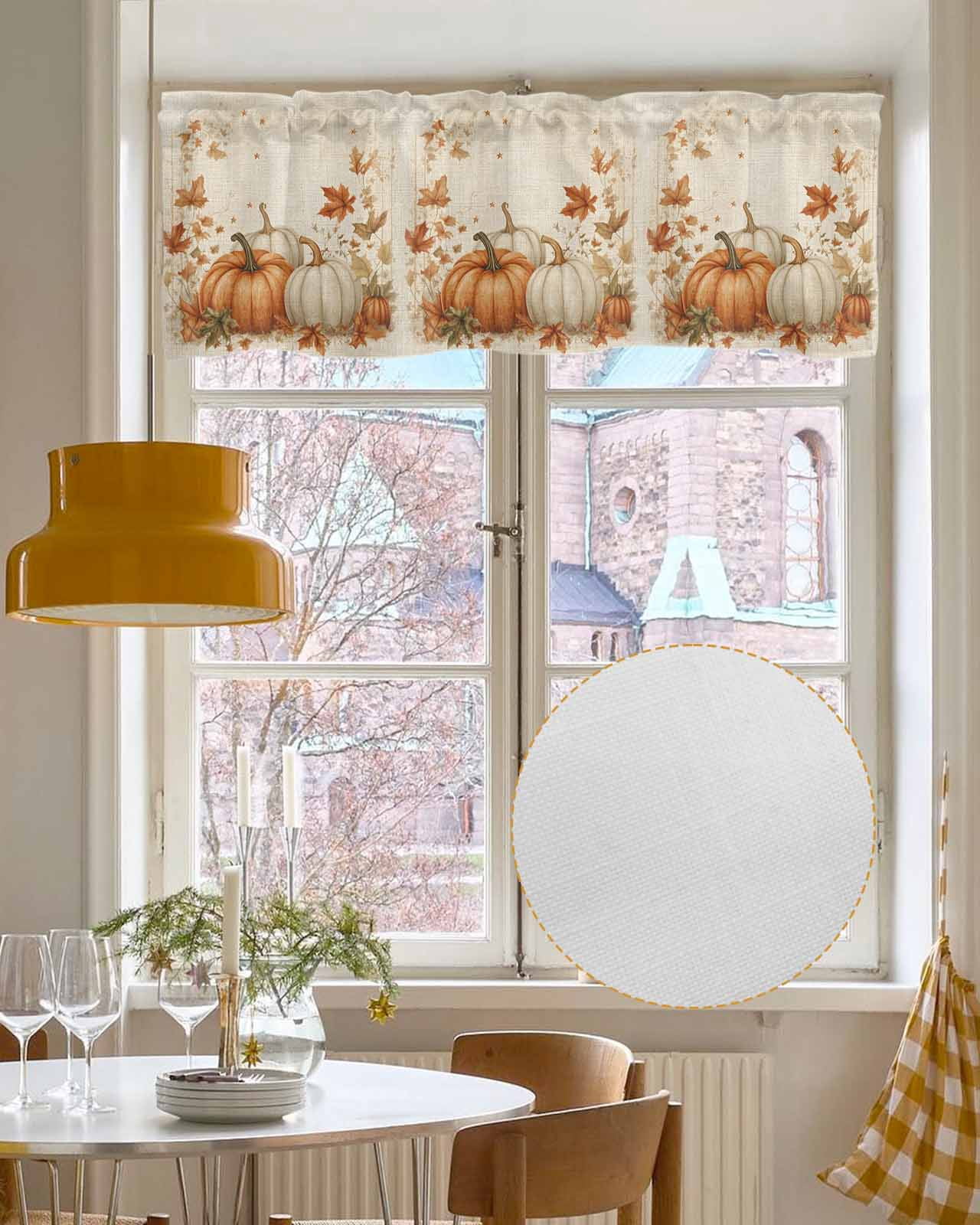 Thanksgiving Pumpkins Kitchen Valances for Windows Farmhouse Linen Window Valance Curtain for Living Room Window Treatment Fall Maple Leaves Rustic Vintage Valance Rod Pocket Topper, 54 x 18 Inch