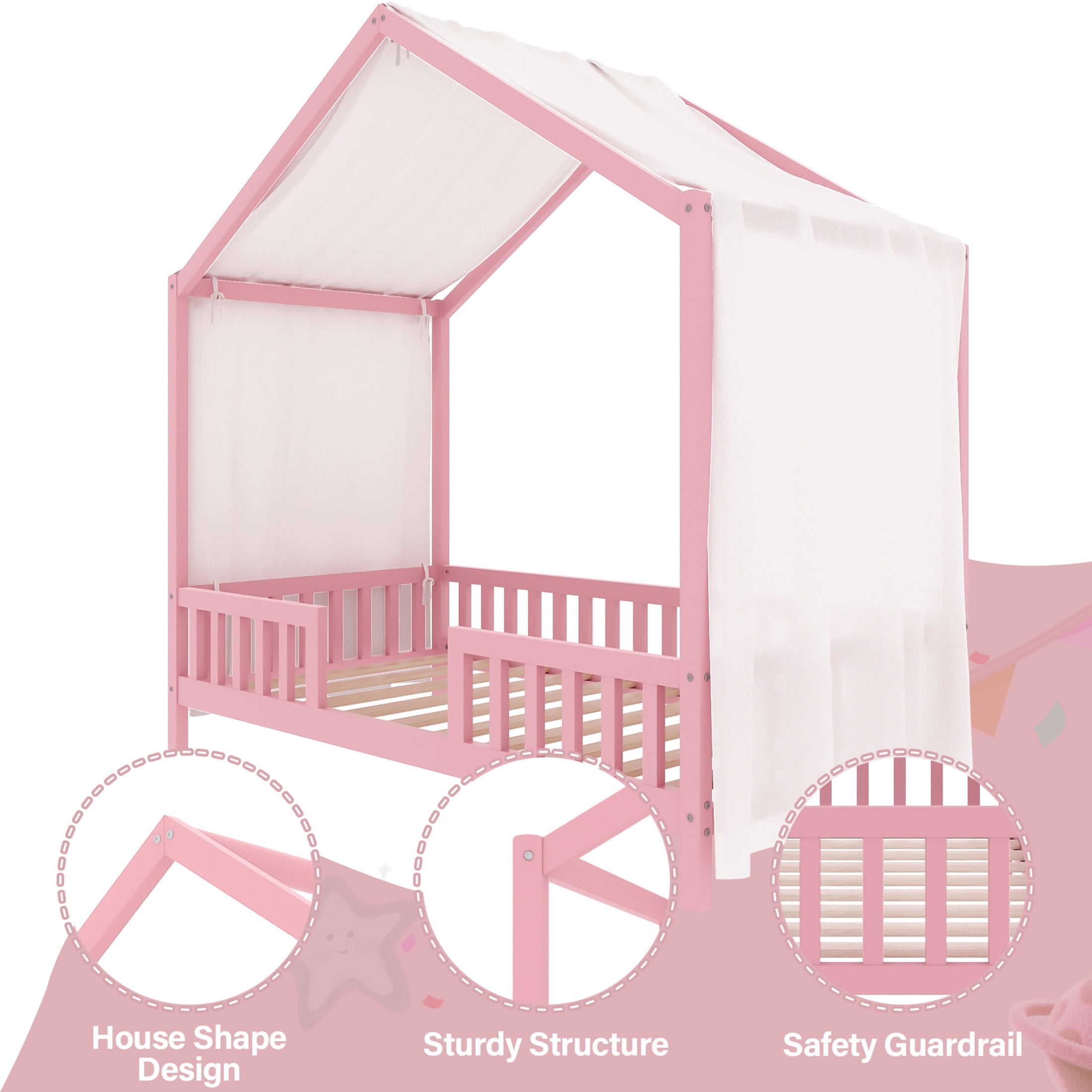 Noble House Twin Floor Bed with Canopy and Guardrails, Wood House Bed Frame for Kids, Pink