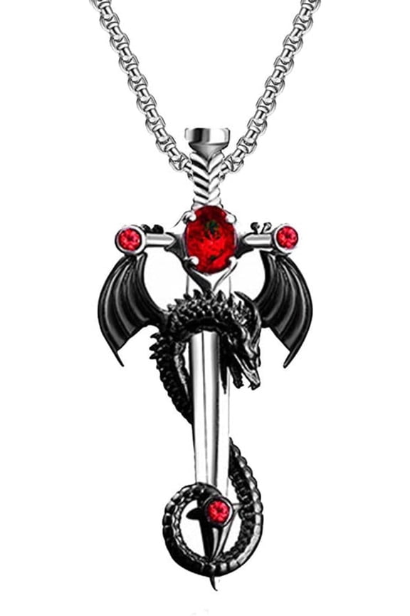 Gothic Dragon Sword Cross Pendant Necklace for Men & Women - Punk Style Dark Fantasy Jewelry with Red Crystal Accents, Silver-Tone Chain