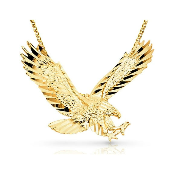 14K Yellow Gold Eagle Charm Pendant with 1.7mm Flat Open Wheat Chain Necklace