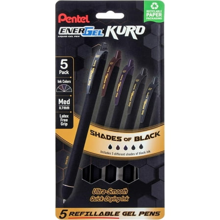 Pentel EnerGel Kuro Gel Pen, Shades of Black, 0.7mmtip, Assorted black ink, 5 pens