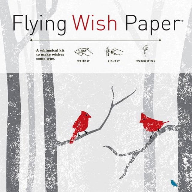 Flying Wish Paper Winter Wishes large kit measuring 7 x 7 inches, featuring a whimsical design with red cardinals on tree branches against a snowy grey background. The kit includes 50 pieces of wish paper, 25 wish platforms, and 5 pencils, allowing users to write, light, and watch their wishes fly. Ideal for winter celebrations, holiday gatherings, or personal moments of reflection.