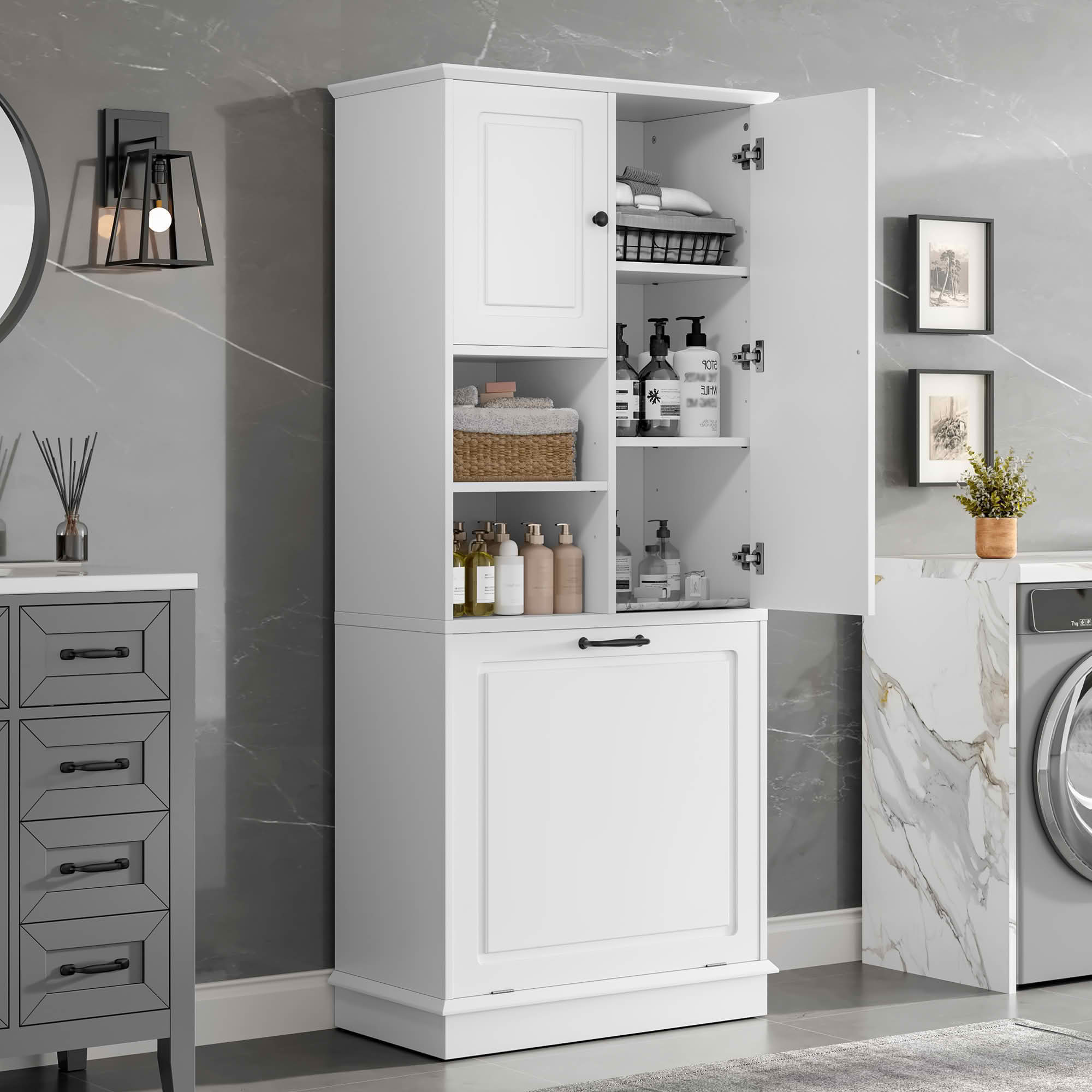 MAYEERTY Tall Storage Cabinet, Adjustable Shelves Large Flip-Out Basket Enclosed Cabinets MDF Aluminum Alloy Handles, Bathroom Living Room Office
