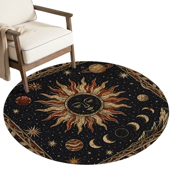 Golden Sun Face Washable Round Area Rug 3 ft, Vintage Boho Gold Planet Star Baroque Border Soft Non‑Slip Rugs Stain Repellent Indoor Mats for Entryway, Bathroom, Bedside, Hallway Nook