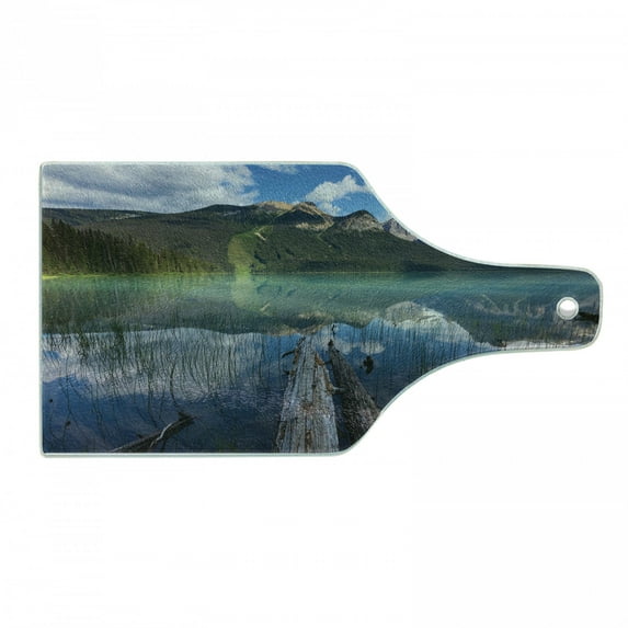 Landscape Cutting Board, Fascinating Nature Photo of Serenity Emerald Lake in Yoho National Park Canada, Decorative Tempered Glass Cutting and Serving Board, in 3 Sizes, by Ambesonne