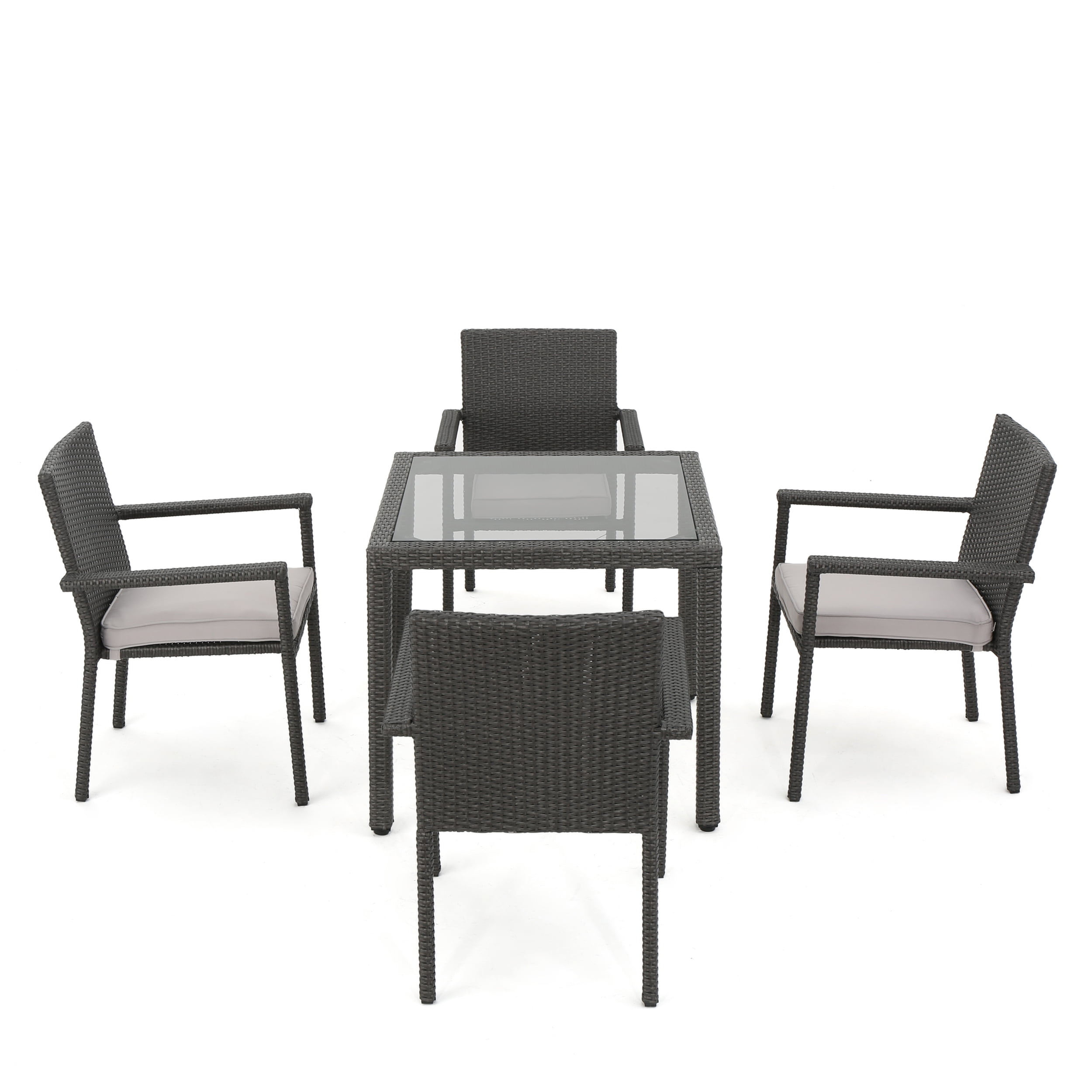 Porto Outdoor 5 Piece Square Wicker Dining Set with Cushions, Grey, Silver