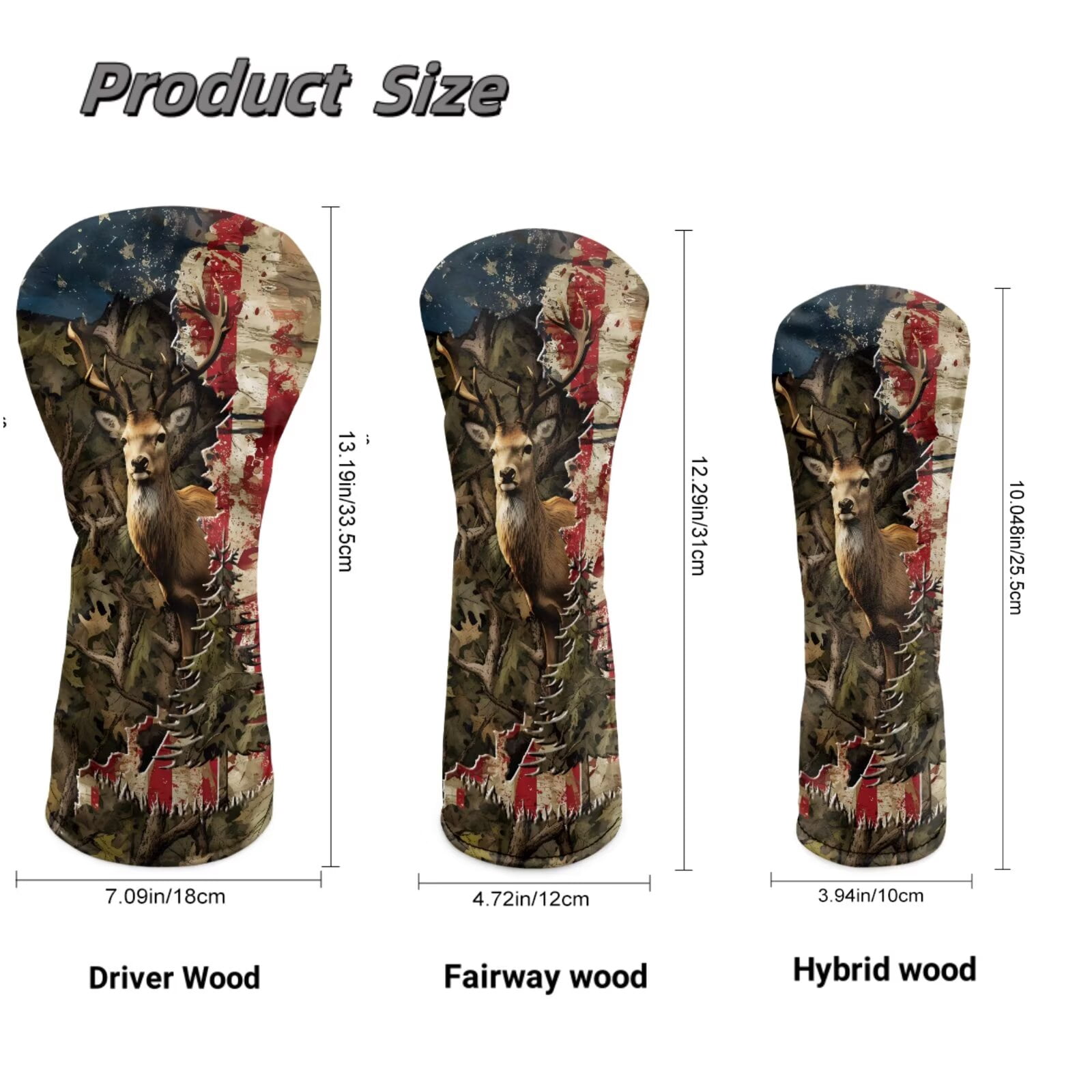 Uorisanigo Golf Club Head Covers - Driver, Fairway #3#5, Hybrid Headgear, Premium Headcovers Set Fit Most Clubs, PU Leather Camo American Flag Deer Hunter Headcovers, Golf Accessories