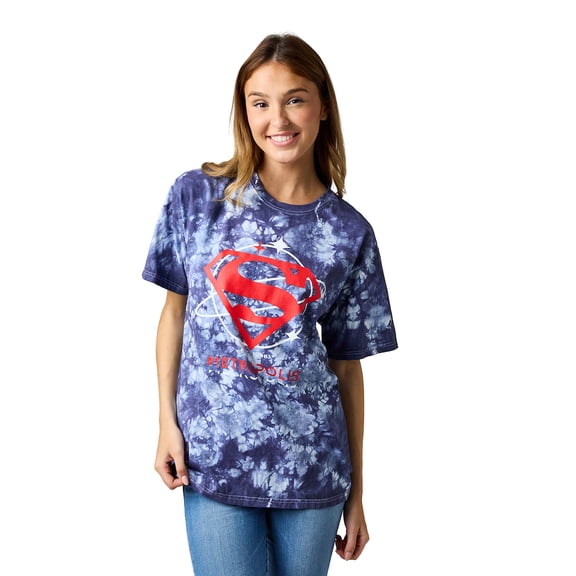 Superman Logo Metropolis Women's Navy Mineral Wash Crew Neck Short Sleeve T-shirt-Medium