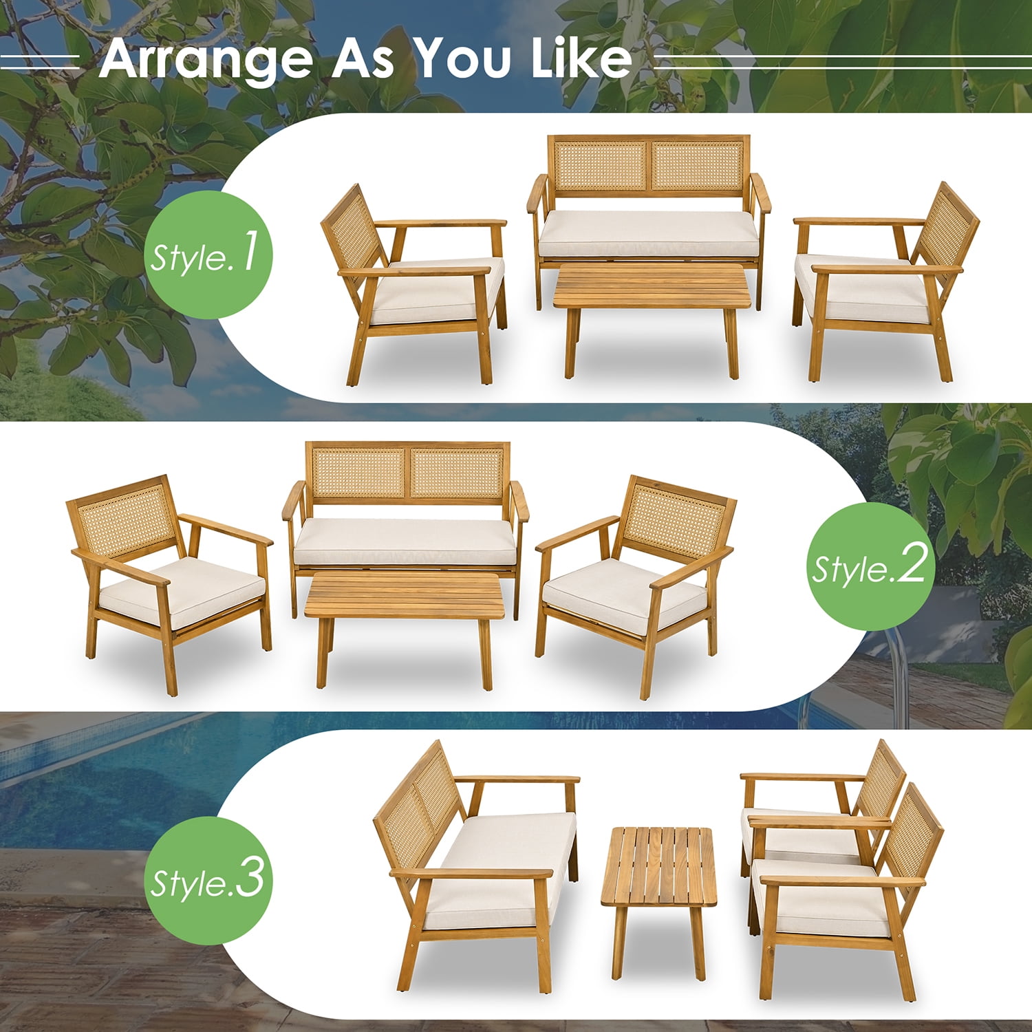 Kepooman 4 Piece Outdoor Acacia Wood Sofa Set for Garden, Outdoor Furniture Set with 2 Single Chairs, 1 Rectangular Table, Double Chair, Natural Kepooman 4 Piece Outdoor Acacia Wood Sofa Set for Garden, Outdoor Furniture Set with 2 Single Chairs, 1 Rectangular Table, Double Chair, Natural