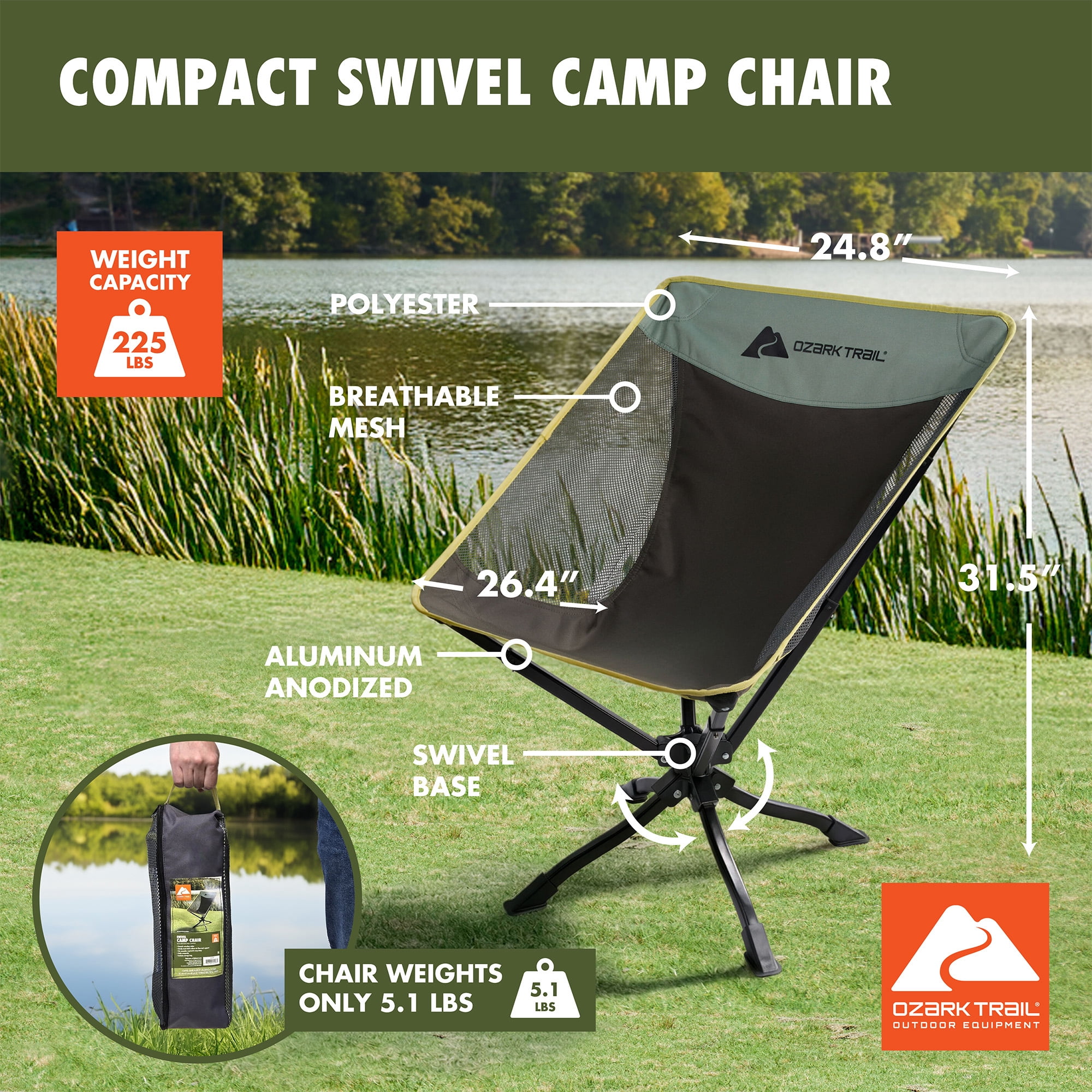Ozark Trail Compact Camping Chair with 360-Degree Swivel Seat and Carry Bag