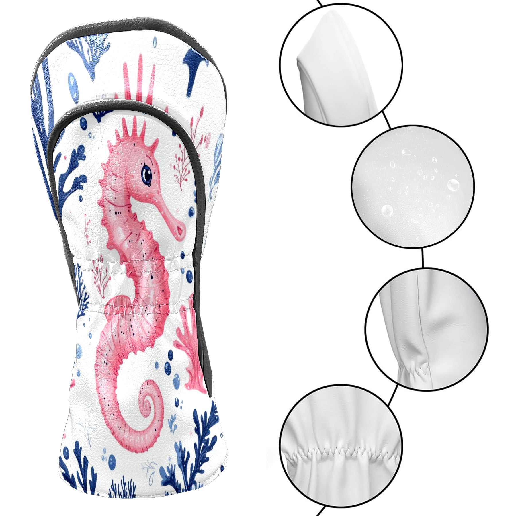 Golf Club Covers PU Leather Waterproof Head Covers for Fairway Woods Hybrids Seahorse Pattern Unisex Fits Most Brands