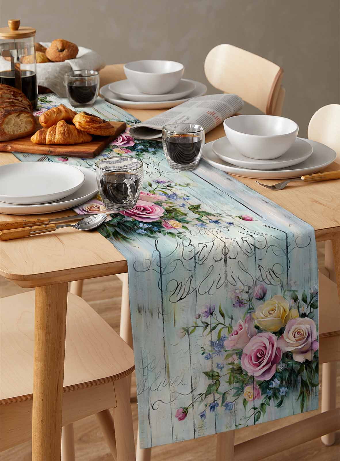 Hokiten Table Runners 120 Inches Long Dress Scarves, Spring Rose Farmhouse Coffee/Dining/Kitchen Table Runner for Living Room, Floral Leaves Botanical Rustic Wood Board 13x120 Inch