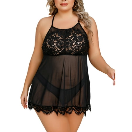 

Ritualay Ladies Lingerie Lace Chemise Two Pieces Sheer Nightwear Plus Size Women Sexy With Panty Backless Halter Neck Black 3XL