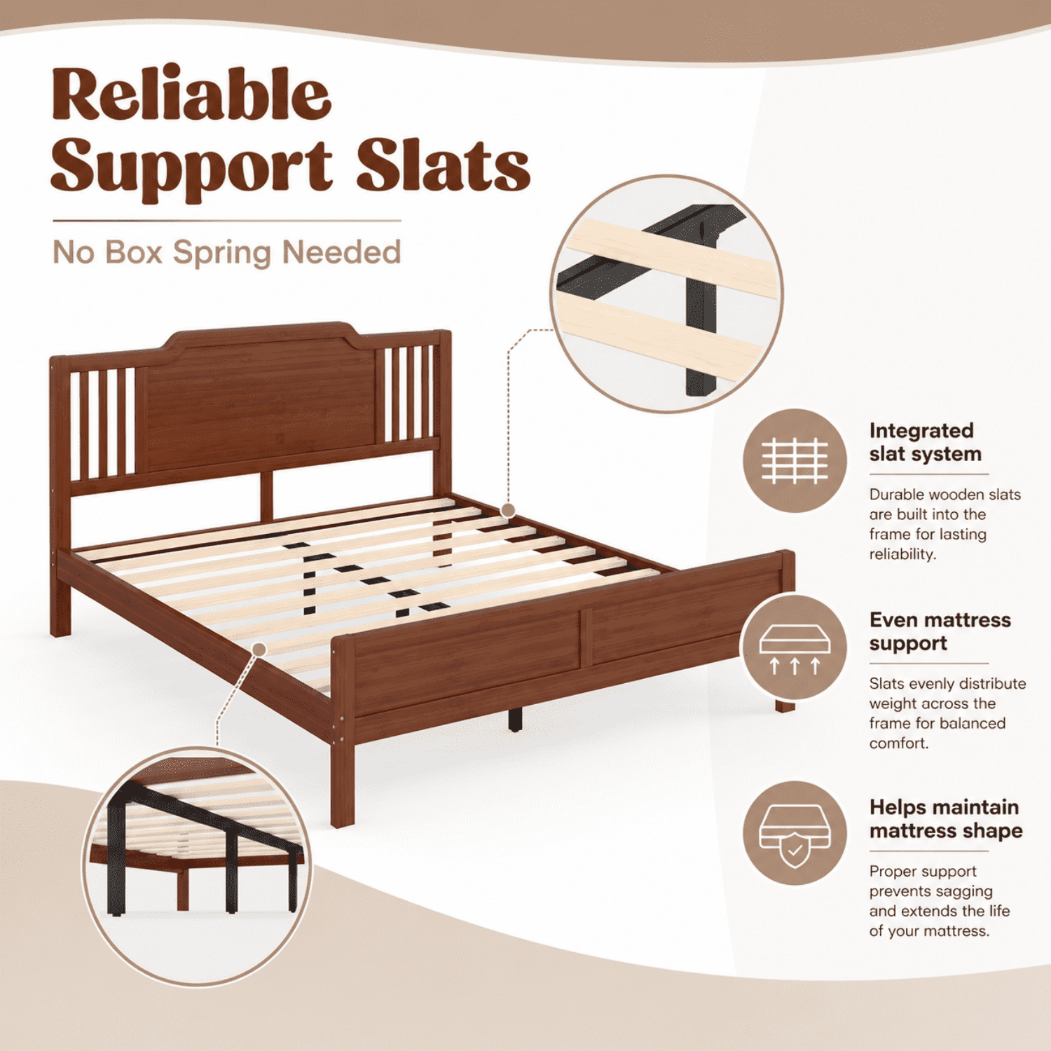 Miniyam Queen Size Solid Bamboo Platform Bed Frame with Headboard, Brown