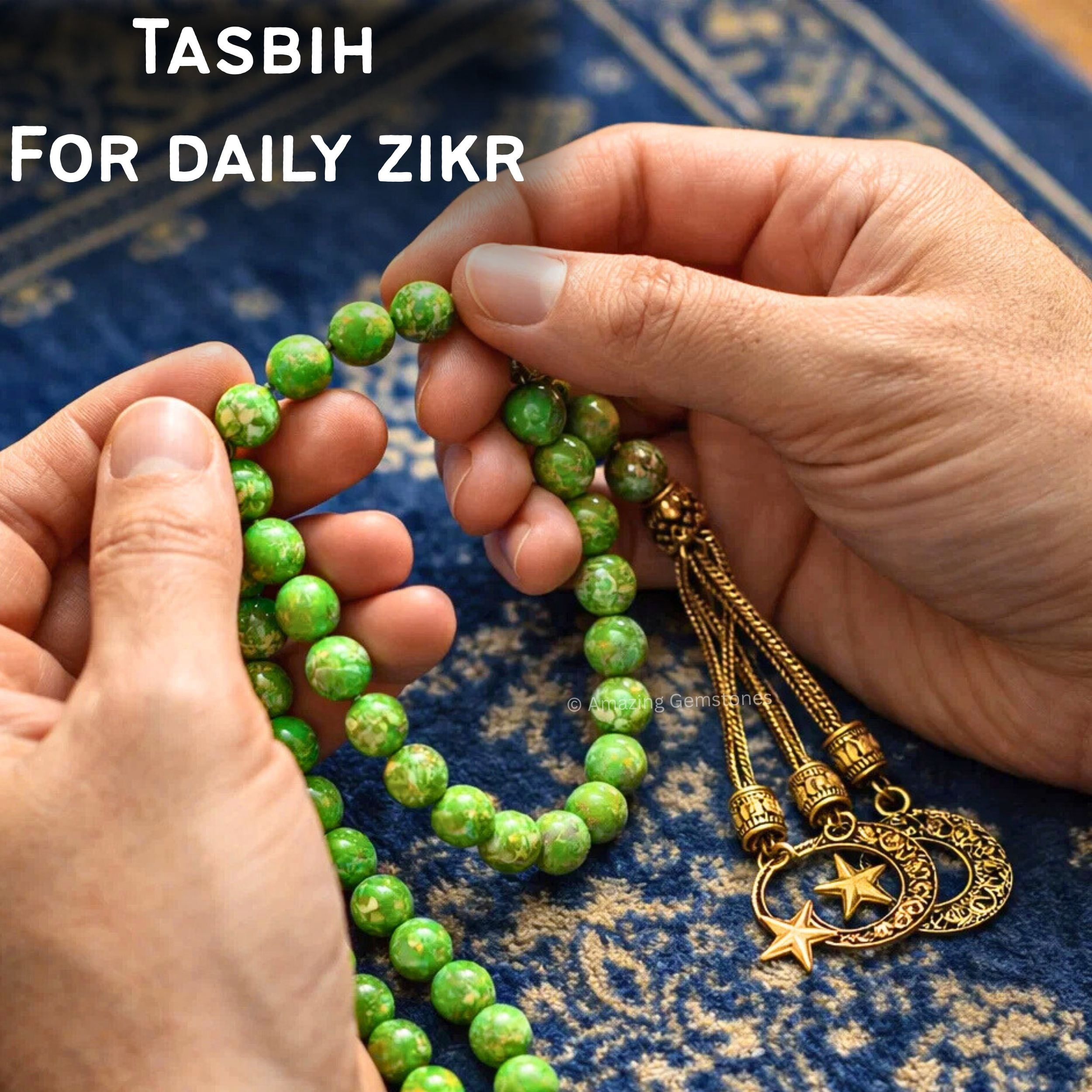 Green Turquoise Crystal Tasbeeh Prayer Beads, Muslim Islamic Tasbih for Dhikr, Namaz and Ramadan Gift (Golden)