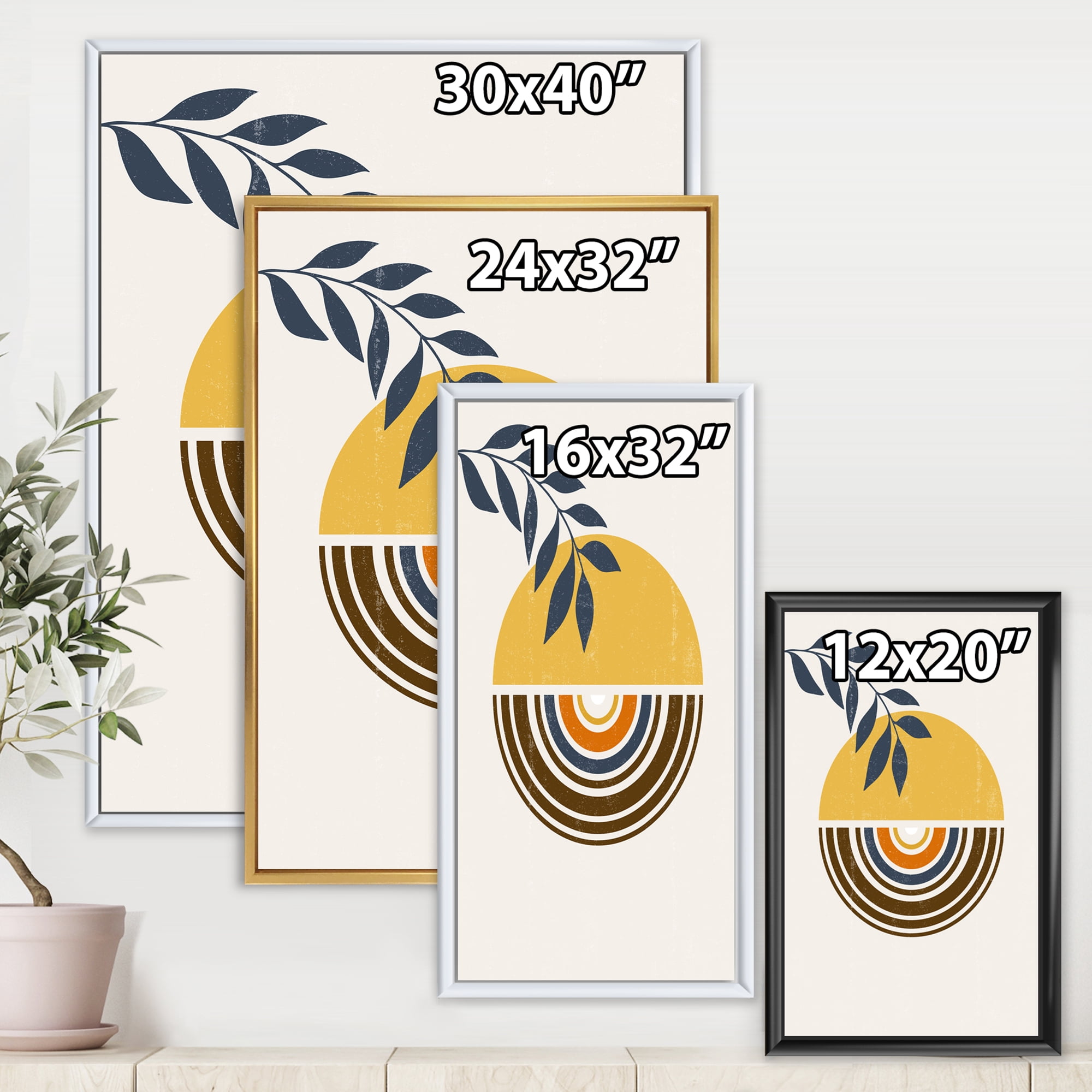 Designart 'Abstract Sun and Moon Leaves ' Modern Framed Canvas Wall Art Print