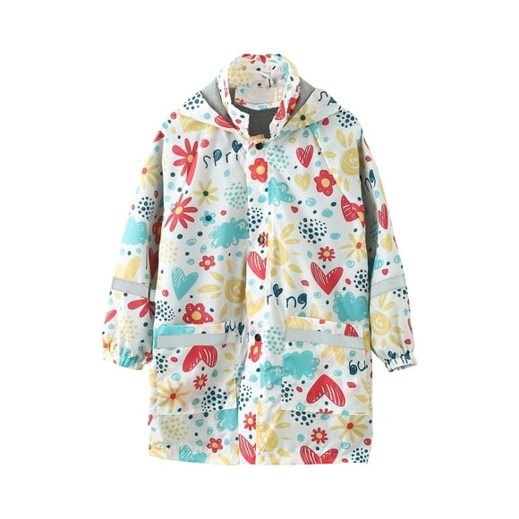 Cameland Girls Coat Rainy Season Children's Raincoat Jacket Cute Print Hooded Mid-length Jacket With Pockets