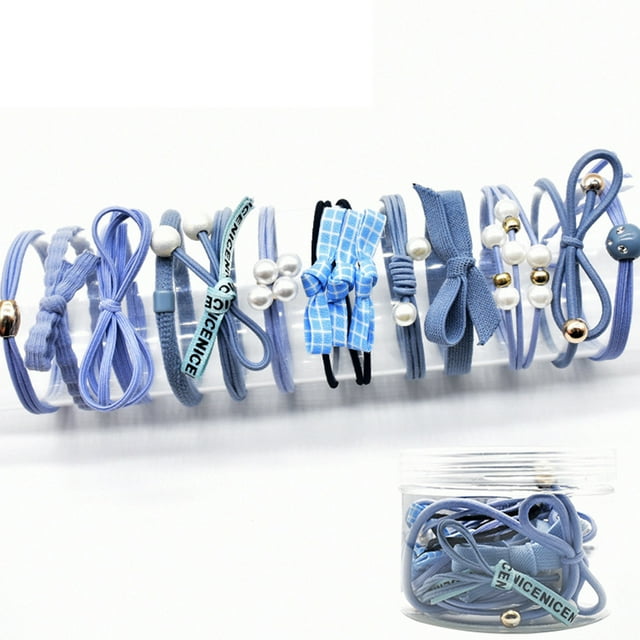 Juego de 12 ligas para cabello con estuche, color azul vibrante, ideales para peinados modernos y cómodos.