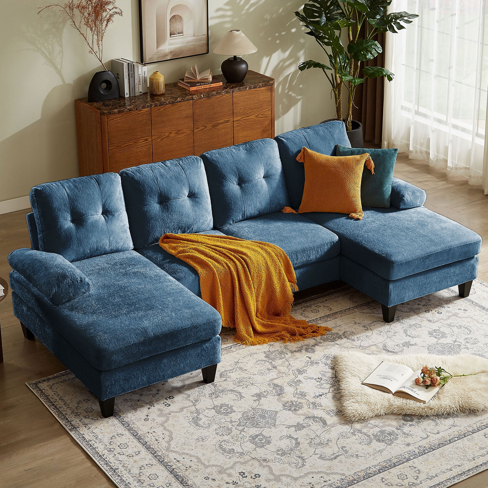 Soscana 105" Sectional Sofa U Shaped Couch with Double Chaise, Modern Chenille Sofa Oversized 4 Seater Couch for Living Room, Apartment, Office, Studio