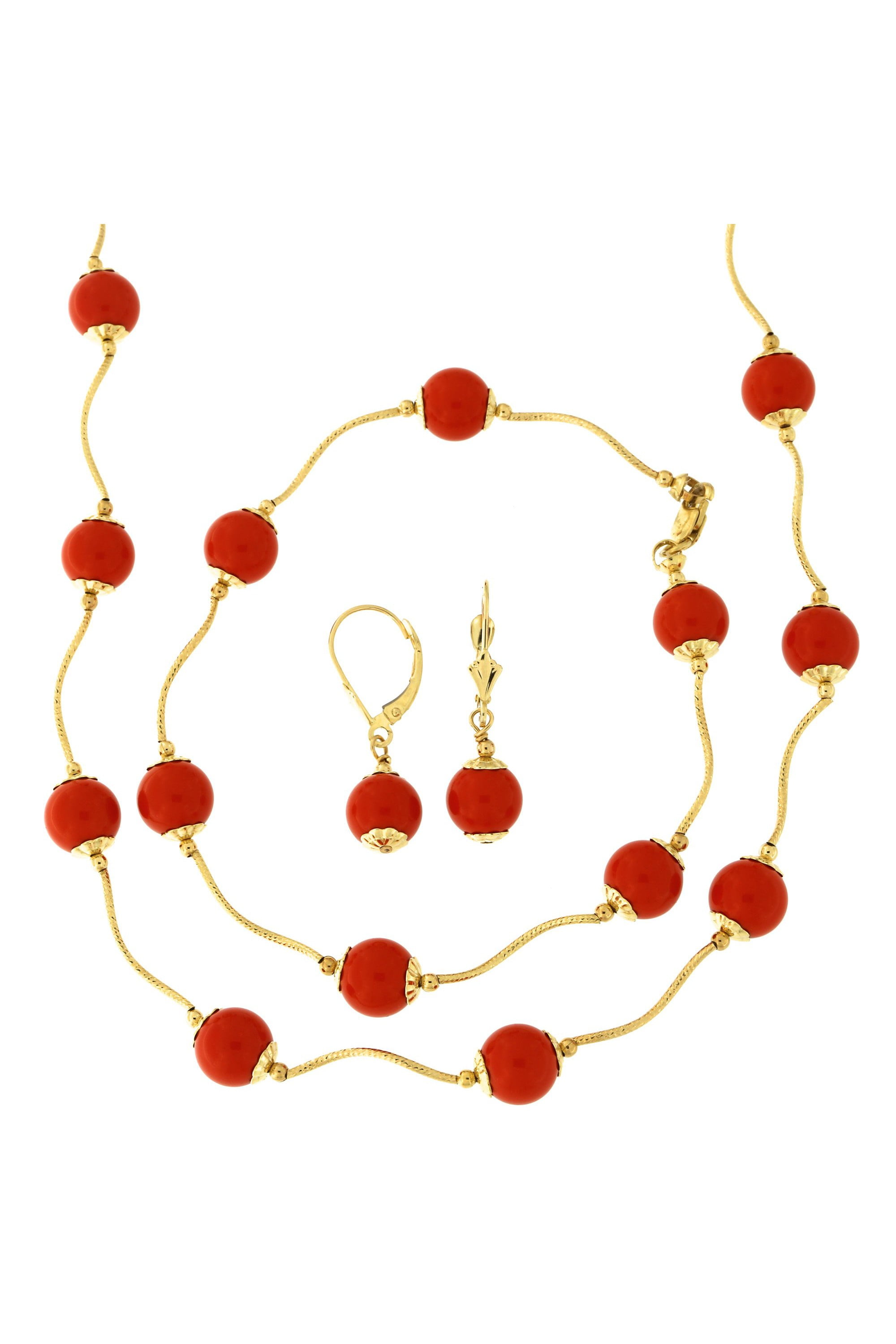 14k Yellow Gold Diamond Cut 8mm Capped Simulated Coral Station Necklace, Earrings and Bracelet Set by