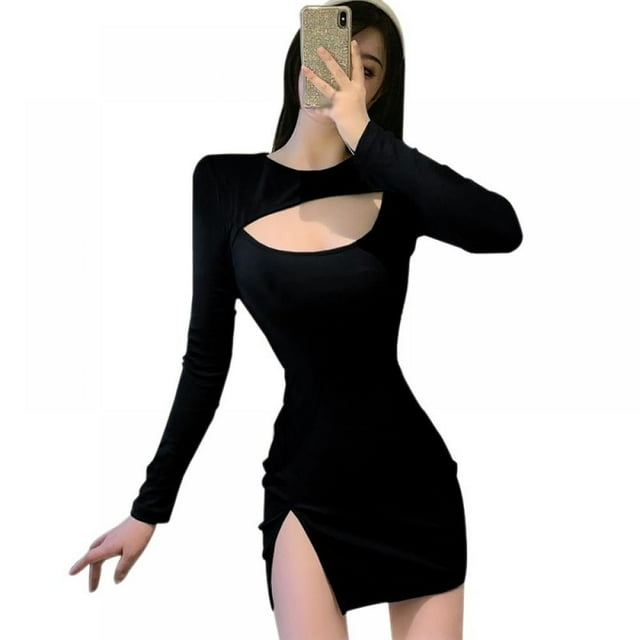 Robe Fendue Sexy à Col Rond pour Femmes, Taille Haute, Mini Robe de Club, Manches Longues, Printemps Été, Robe Slim