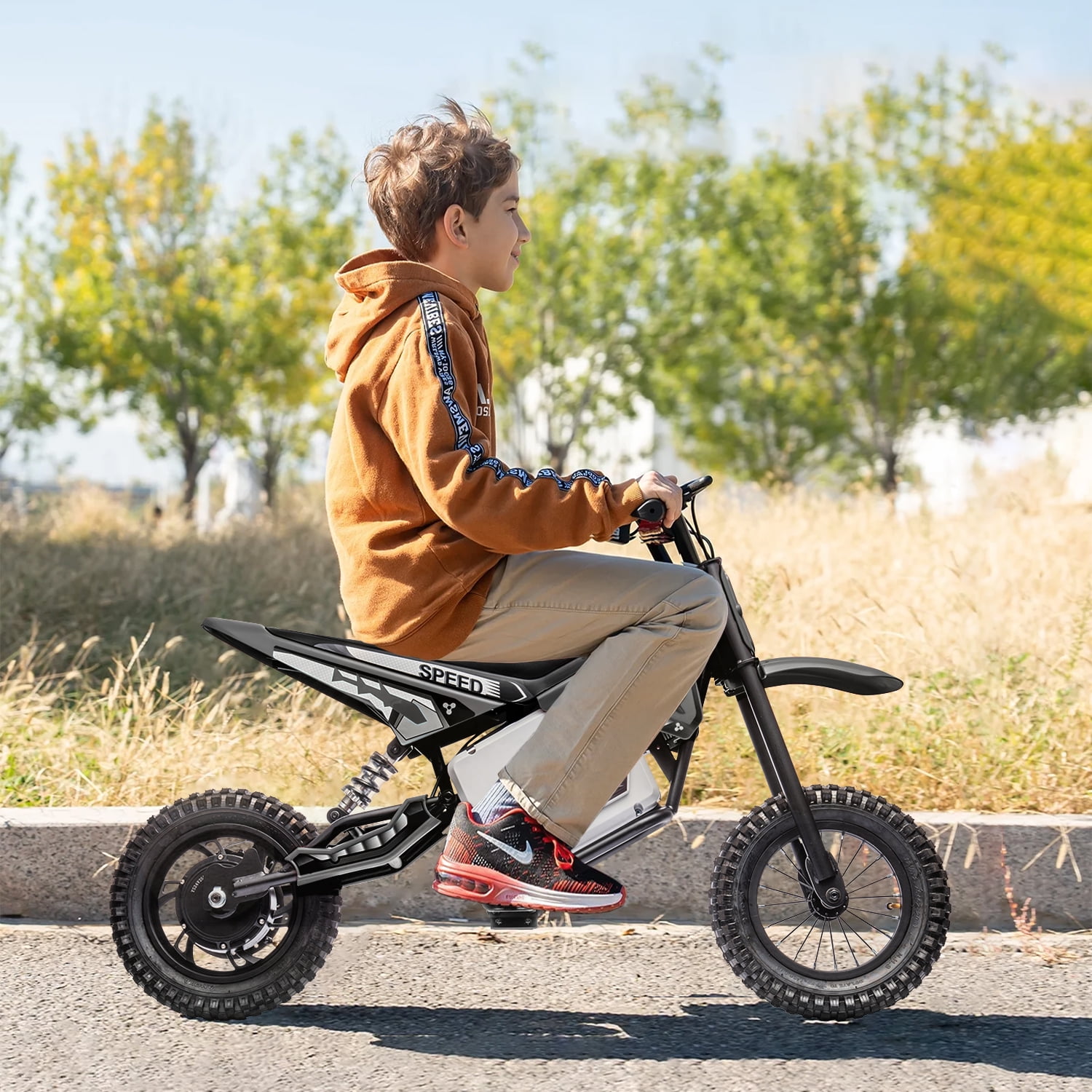 Track Seven 24V Electric Dirt Bike, 250W Ride on Motorcycle with Twist Grip Throttle, Hand-Operated Dual Brakes, Speed Up to 10 MPH, for Age 8-12, Black