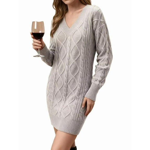 Womens V Neck Mini Sweater Dress Cable Knit Long Sleeve Casual Loose Fall Tunic Pullover Sweaters Silver L