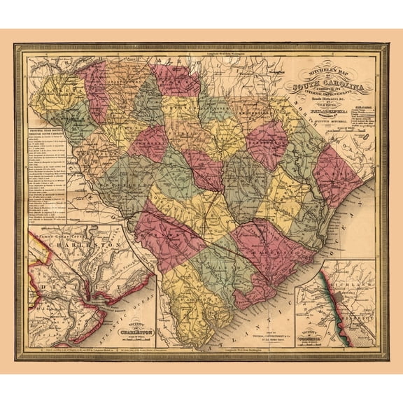 Historic State Map - South Carolina - Mitchell 1849 - 26.80 x 23 - Vintage Wall Art