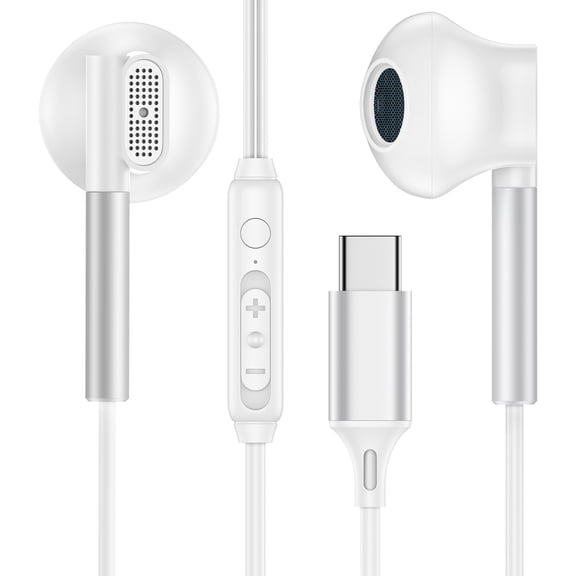 Type C Headphones Wired, FiveBox USB C in-Ear Wired Earbuds Type C Earphones with Microphone & Remote Control, Bass Stereo Noise Cancelling Headphone Compatible for iPhone, Samsung, Pixel, White