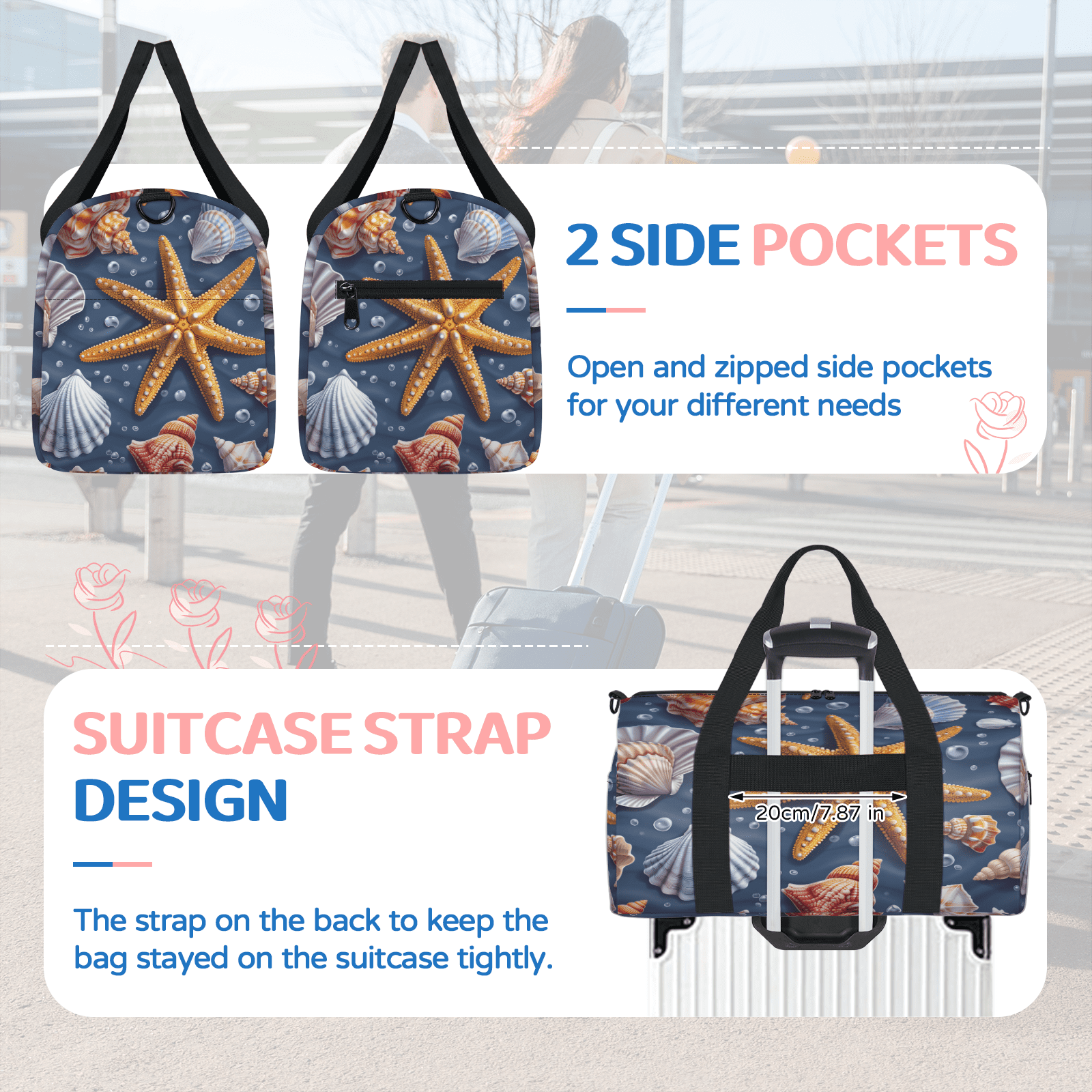 Herdesigns Starfish Gym Bag for Women, Duffle Bag for Travel Sport, Ocean Theme Lightweight Waterproof Carry on Weekender Dance Yoga Workout Bags
