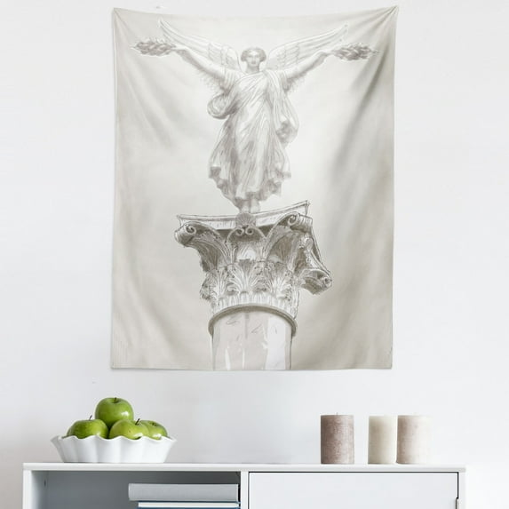 White Tapestry, Angel Greek Muse on NeoClassic Pillars Relic Print Antique Neutral Toned Graphic Print, Fabric Wall Hanging Decor for Bedroom Living Room Dorm, 5 Sizes, White, by Ambesonne