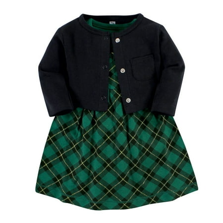 

Hudson Baby Baby Girls Cotton Dress and Cardigan Set Forest Green Plaid 6-9 Months