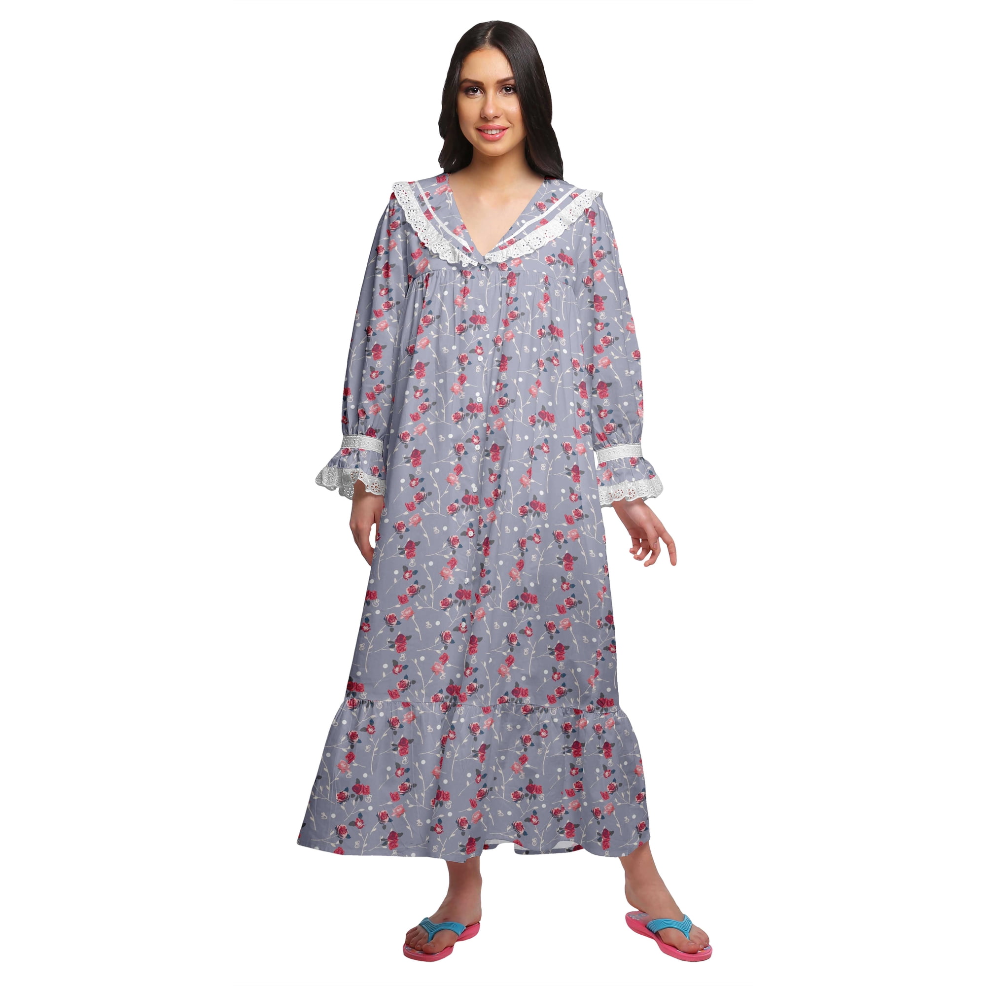 Moomaya Button Down Maxi Nightdress Long Sleeve Printed WoMen s Cotton Nightwear