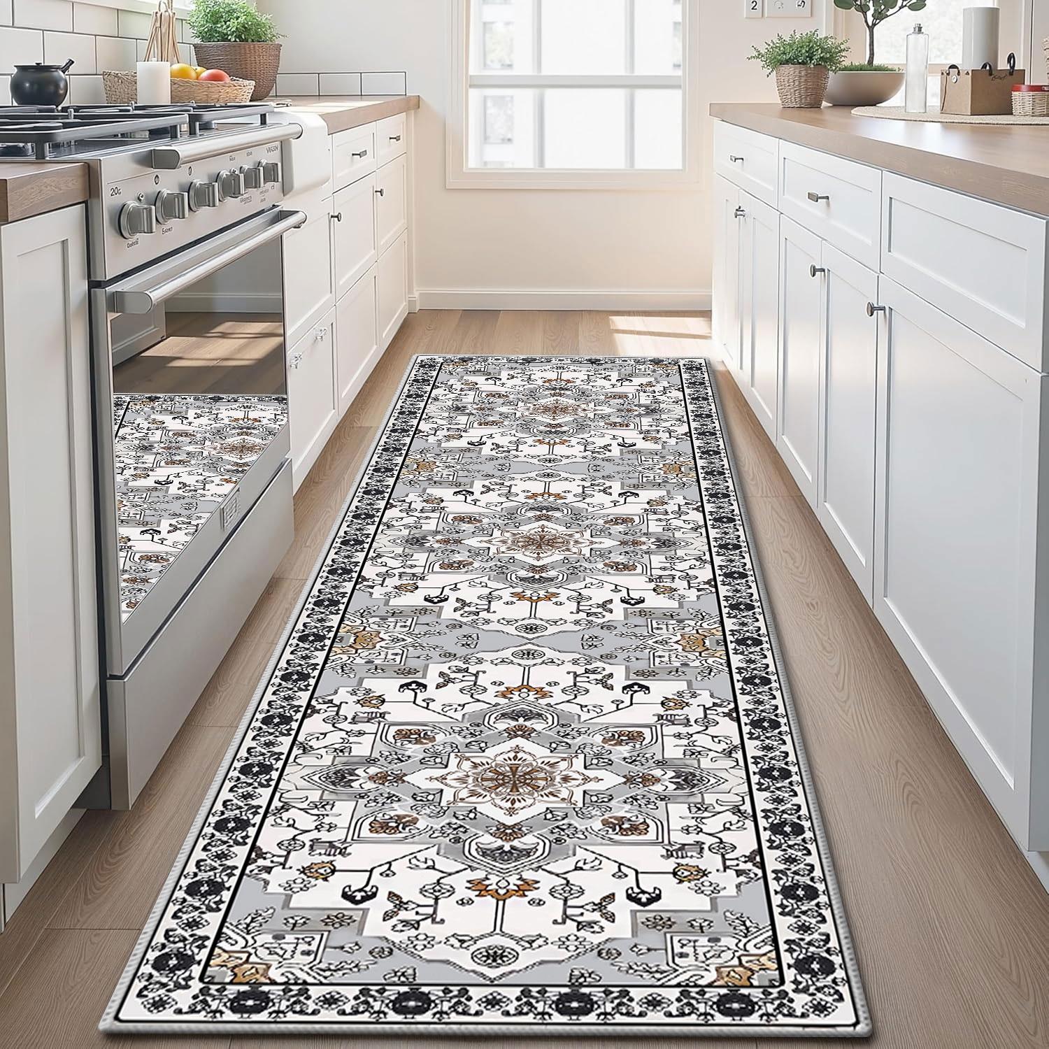 TECHVIDA 2'x8' Hallway Runner Rug Boho,Non Slip Machine Washable Rugs for Hallway Kitchen,Grayish Brown