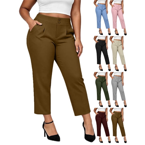 Plus Size Pants for Women Elastic High Waisted Long Straight Business Casual Work Pants Trousers with Pockets Slacks for Curvy Women Work Business Office Trousers Wide Leg Dress Pants