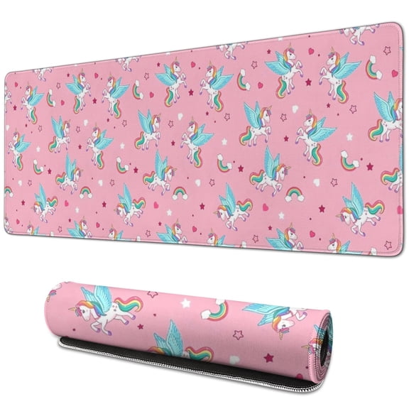 Long Mouse Pads for Desk,Pink Cartoon Unicorn Pattern Desk Mats on Top Of Desks, Desk Mouse Pad Extra Large with 3mm Non-Slip Base and Stitched Edge for Gaming,Office,Work,Home 31.5"x11.8"